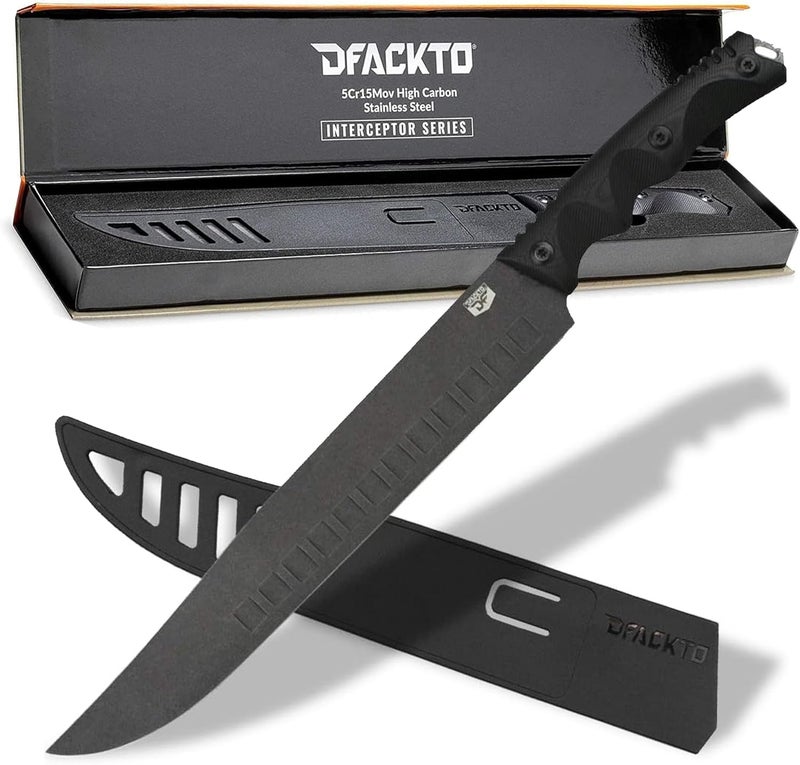 DFACKTO Interceptor 10 Inch Butcher Knife for Camping and Outdoor Kitchen - High Carbon Stainless Steel, Full Tang Tactical G10 Handle, Meat Cutter, BBQ, Chopping, Bone Cutting, Heavy Duty - Black - Image 1